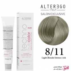 رنگ مو تکنو آلترگو 8.11 بلوند خاکستری قوی روشن شدید Alterego Techno  Techno fruit color light Blonde Intense Ash Hair Color Cream 8.11